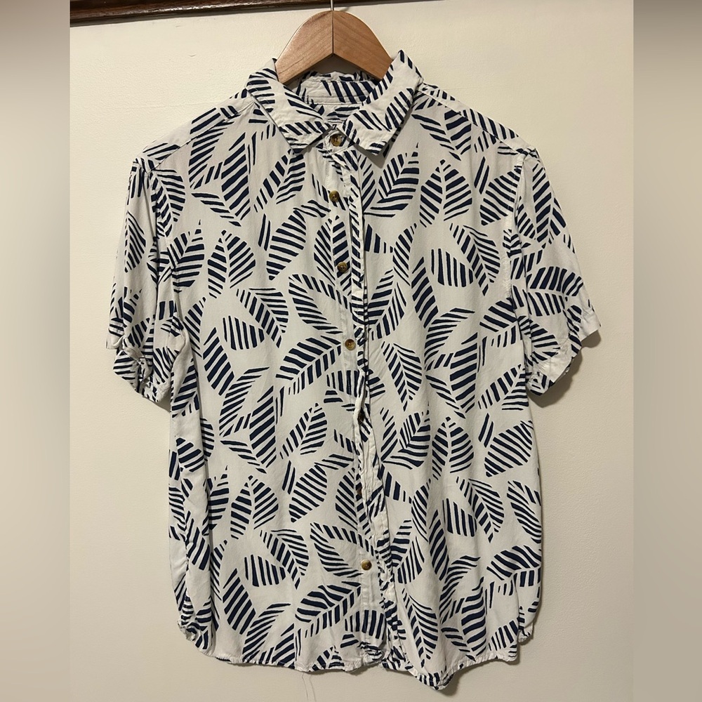Navy Leaf Print Casual Button Down Shirt